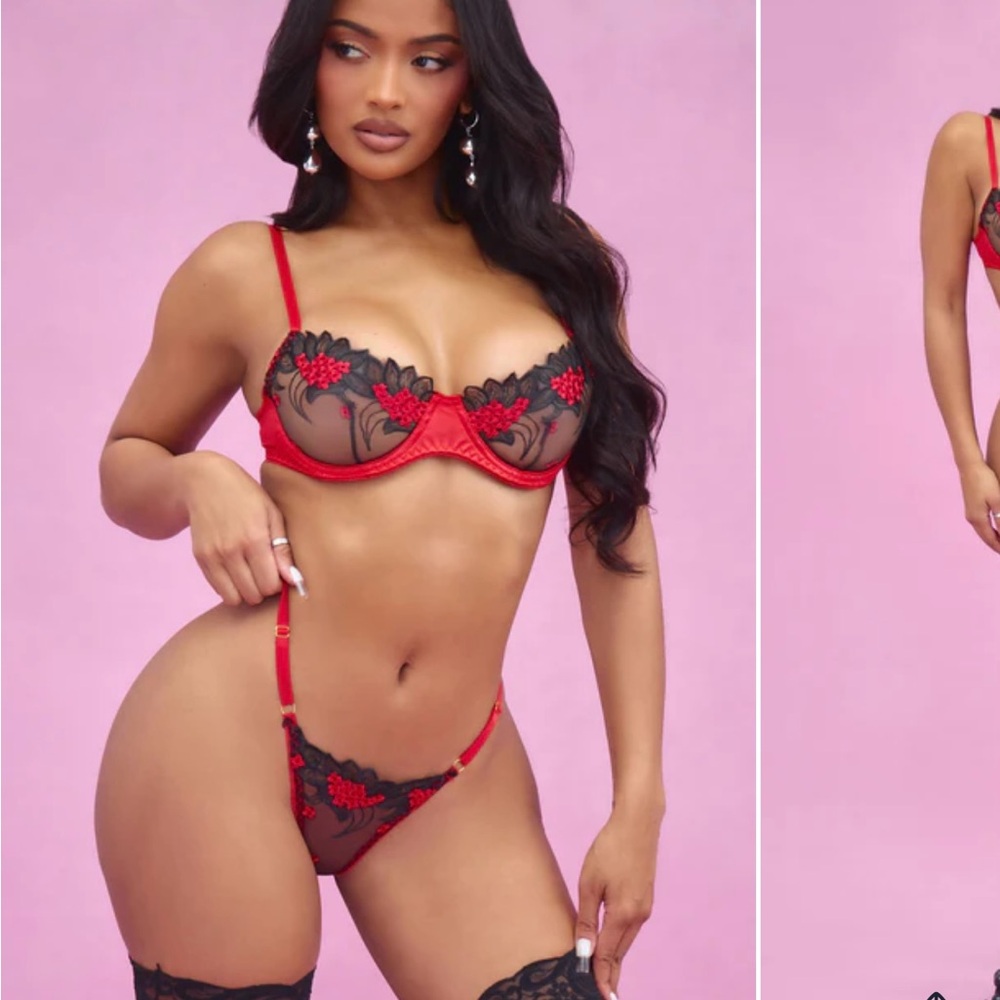 Blooming Romance Embroidered 2 Piece Set - Red/Black
